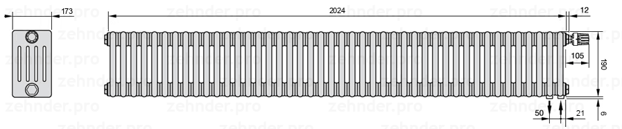 Схема (чертеж) Радиатор Zehnder Charleston 5019/44 №V002 Белый глянцевый RAL 9016